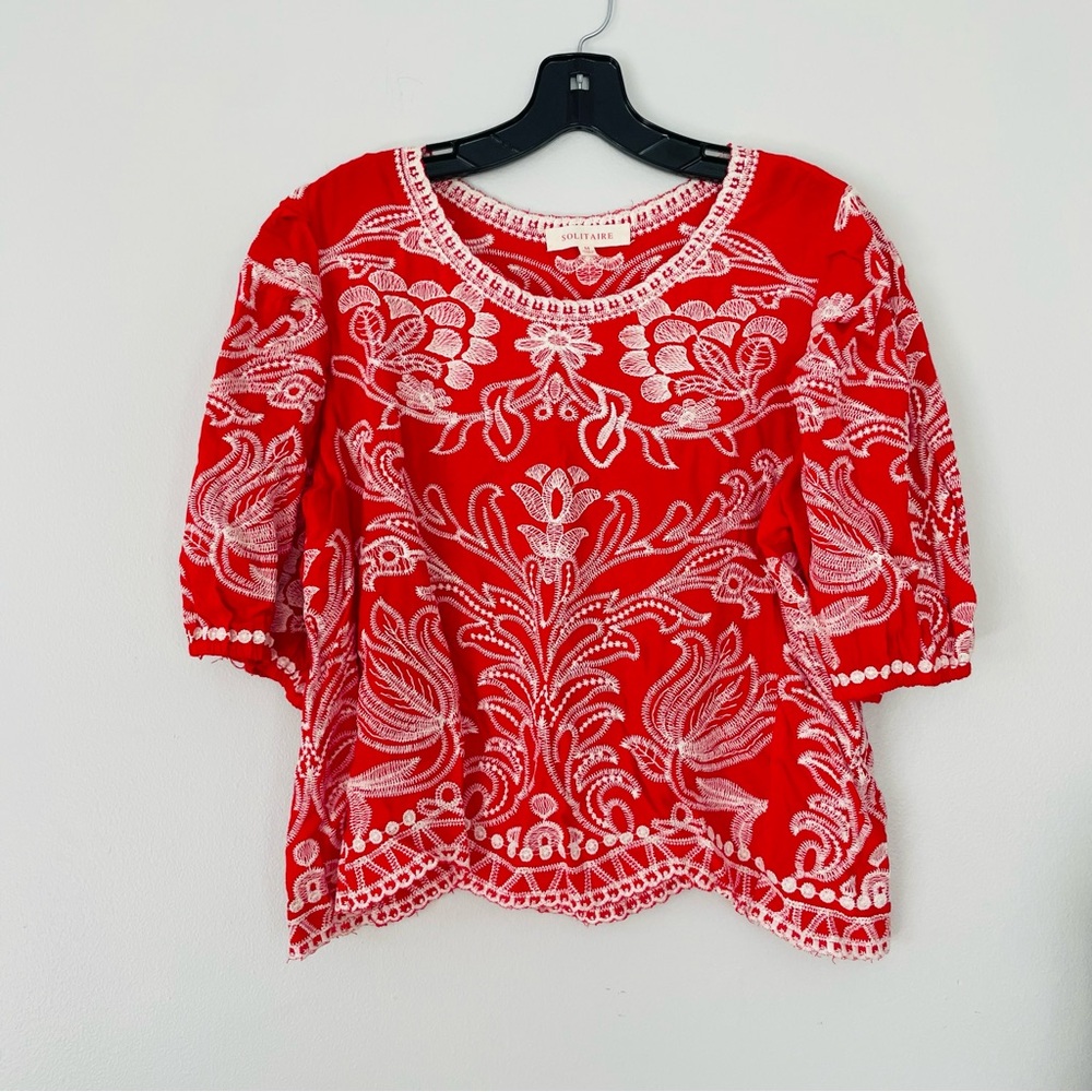 [Solitaire] Red Embroidered Boho Top